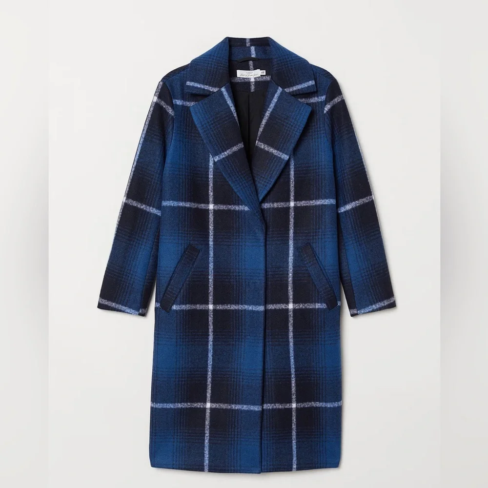 H&M Felted Oversized Coat Check Plaid Dark Blue Size M Bloggers' Favorite - Picture 4 of 15